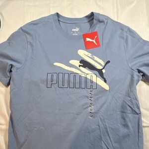 PUMA Blue Graphic Print Logo Cotton Jersey Men's Crew Neck T-Shirt Size M